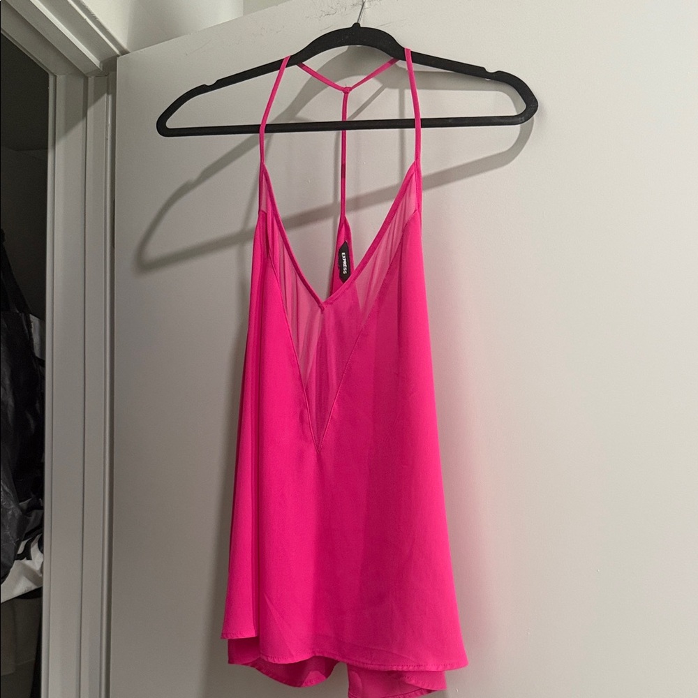 Vibrant Pink Strappy Top with mesh around low neckline